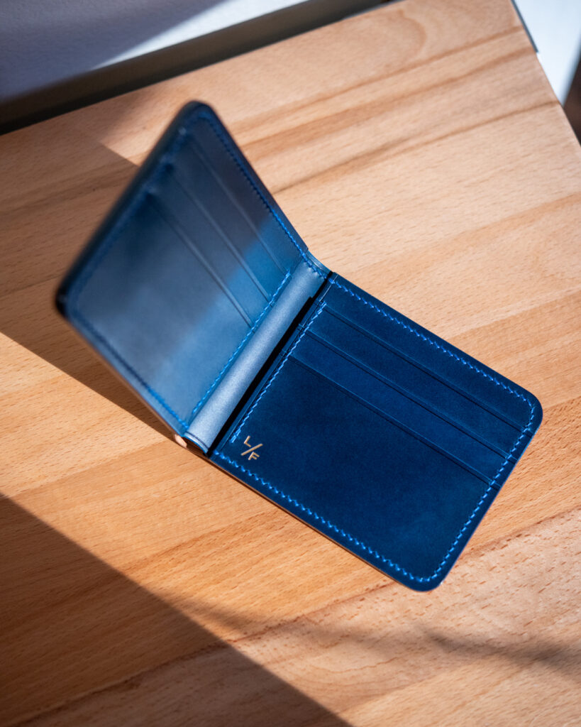 A navy blue bifold interior.