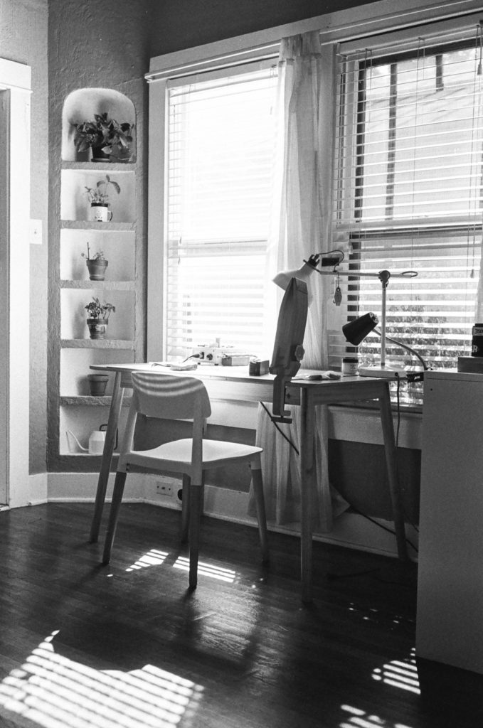 Black and white photo of the left foot leather studio.